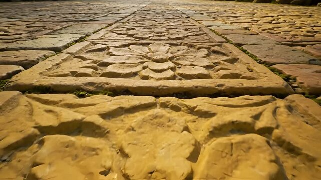Ancient Stone Pavement with Intricate Floral Carvings.