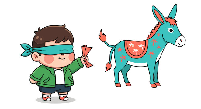Blindfolded boy holding torch near colorful decorative donkey.