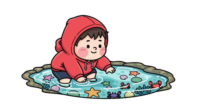 Happy Toddler Playing in Imaginary Water Pool Illustration.