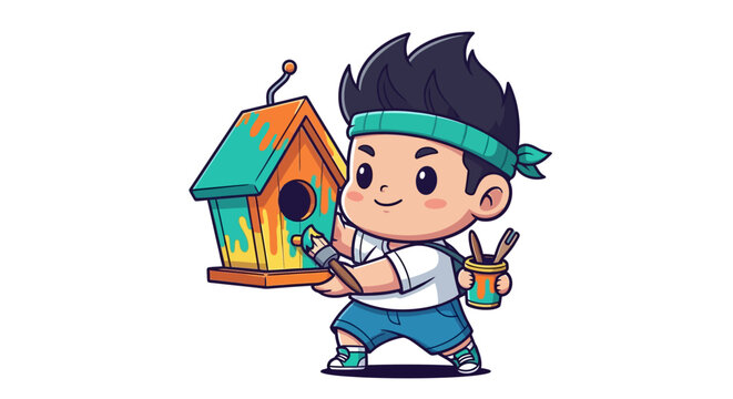 Cartoon boy happily holding colorful birdhouse and paintbrush.