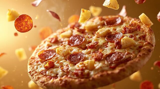 Floating Pepperoni and Pineapple Pizza with Melted Cheese