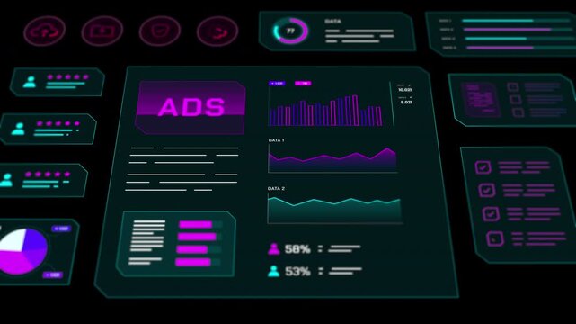 Modern interface displaying social media advertising reach, user interaction, and traffic metrics.