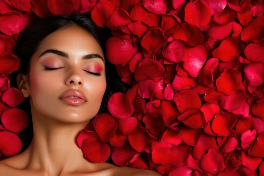 A serene visage nestled amongst crimson rose petals, eyes closed in peaceful repose, beauty harmonizing with floral elegance.