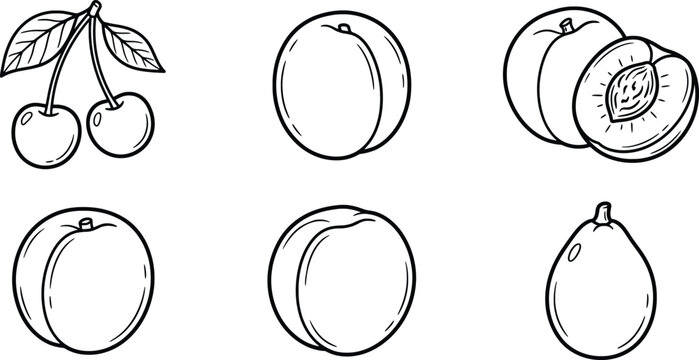 A set of hand drawn fruit icons including cherries and peaches