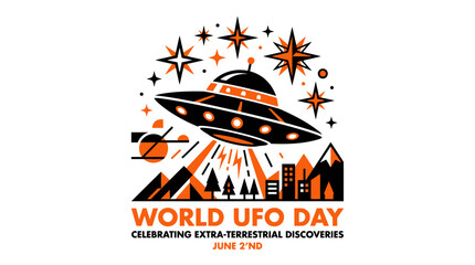 World UFO Day Celebration: Alien Spaceship Descending on Cityscape with Beams © Mangga
