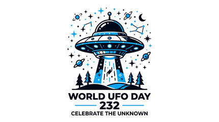 World UFO Day Celebration: Alien Spaceship Descending Over Trees with Stars © Mangga