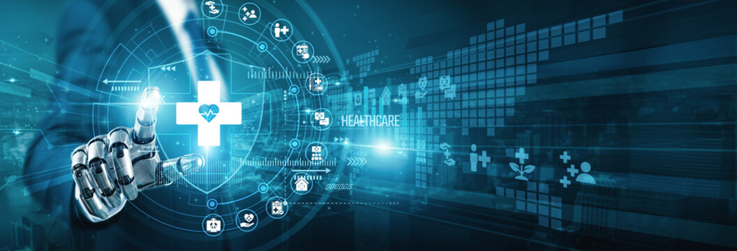 Med robot hand touch wellness shield HEALTHCARE solutions. Remote monitoring and telemedicine platforms provide patients with accessible medical support while improving clinical efficiency.
