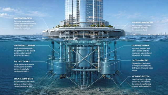 Technical 3D render of a floating skyscraper foundation with ballast and wave damping mechanisms