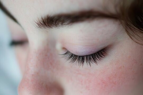 An extreme closeup shows a face with an eye gently closed, the long eyelashes a focus of the shot. Subtle freckles add charm and character.