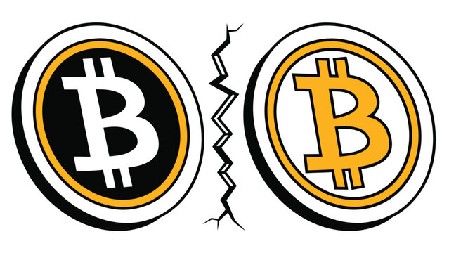 Bitcoin cryptocurrency concept featuring a split coin visual representing market volatility and digital currency