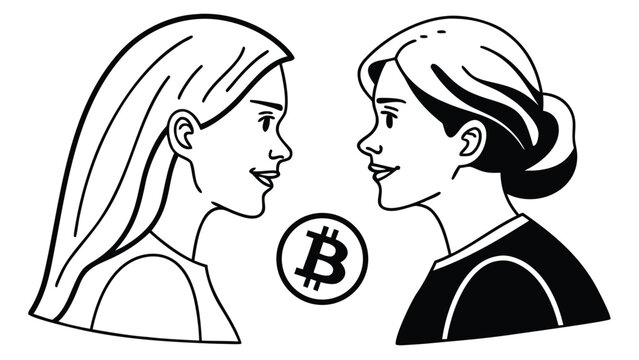 Linear outline illustration of two women facing each other with a bitcoin symbol cryptocurrency discussion business