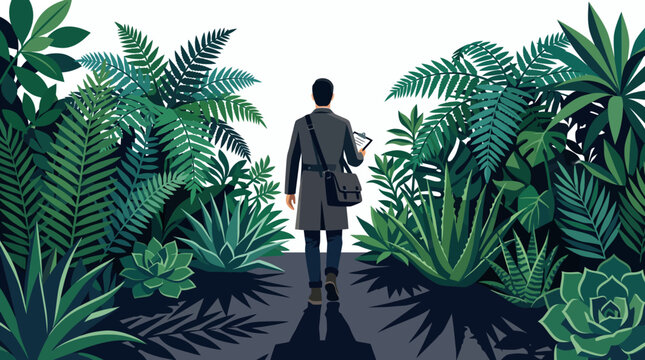 A man walks down a jungle path surrounded by lush green plants and trees