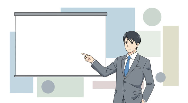 Man in Suit Presenting at Whiteboard.