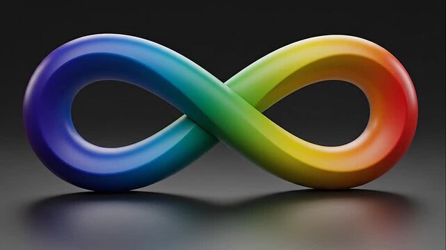 Vibrant rainbow infinity symbol on dark background.