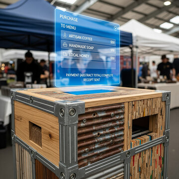 Rustic Open Market Wooden Counter Crate With Integrated Touch Display
