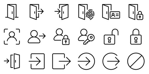 Fototapeta premium Door Access and Security Line Icons Set. Login, Logout, Entry, Exit, Fingerprint, Face Recognition, Password and Authentication Vector Illustration Collection.