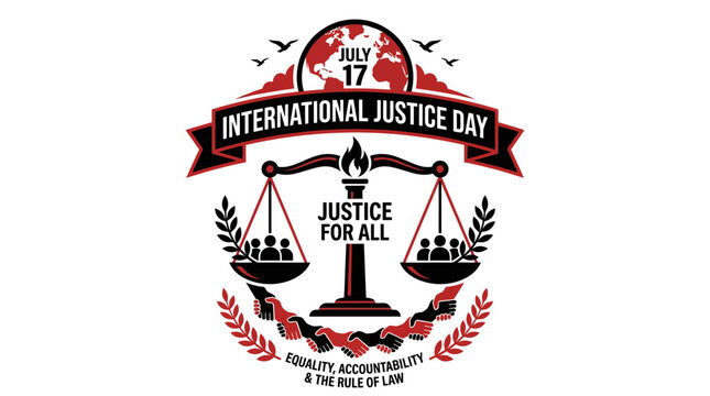 International Justice Day Emblem: Scales of Justice, Globe, Hands, Equality, Rule of Law