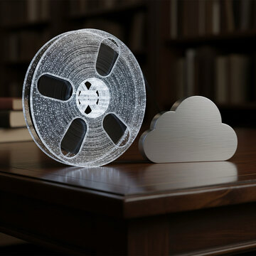 Vintage Film Reel Next To Metallic Cloud Data Storage Icon