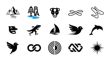 Fototapeta premium Diverse Vector Icons: Animals, Nature, Abstract Shapes, and Symbols