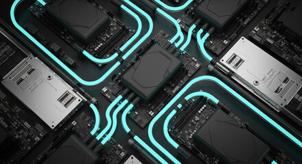 Fototapeta premium Top Down View Of Motherboard Circuit With Neon Blue Pathways