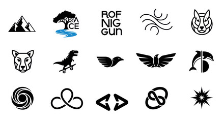 Obraz premium Diverse Vector Icons: Animals, Nature, Symbols, and Abstract Shapes Collection