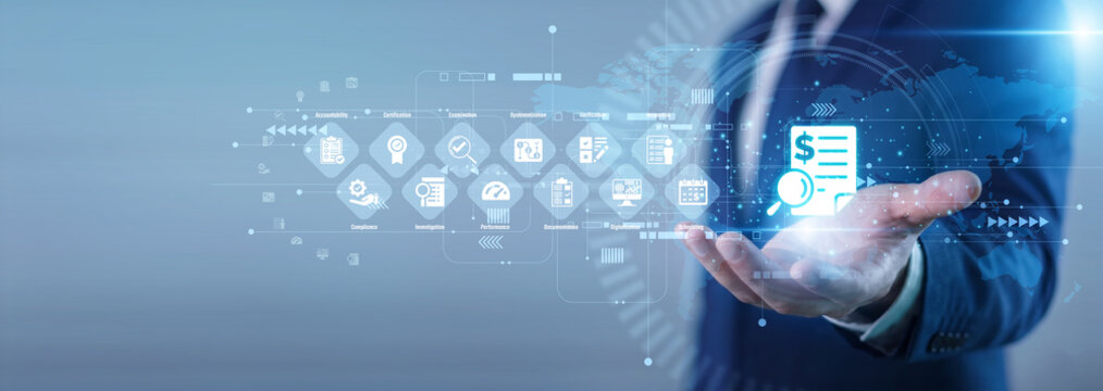Auditor hand hold financial report Audit concept verifying corporate tax accounts, compliance regulation checklist, business risk management and fiscal inspection. Precise accounting review.