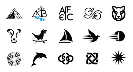 Fototapeta premium Diverse Vector Icons Collection: Animals, Symbols, Nature, and Abstract Shapes