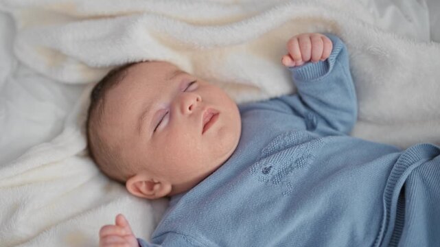 Newborn hispanic boy sleeping on soft white blanket in cradle with hand curled near face in building; serenity.
