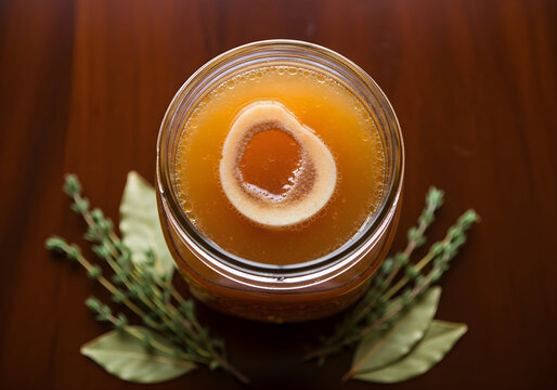 Organic beef bone broth in glass jar with marrow bone floating and fresh herbs on table.
