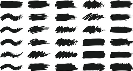 Collection of various black distressed grunge paint brush strokes for graphic design © SK Stock