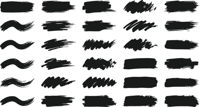 Collection of various black distressed grunge paint brush strokes for graphic design