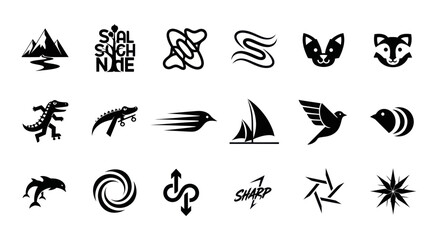 Fototapeta premium Modern Minimalist Icon Set: Animals, Nature, Symbols, and Typography