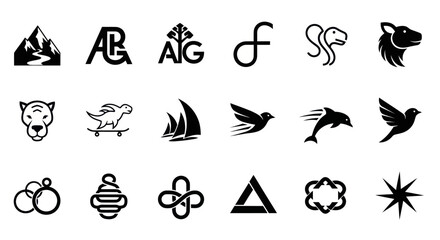 Fototapeta premium Modern Minimalist Icons Set: Animals, Shapes, Nature, Sports, Business Logos