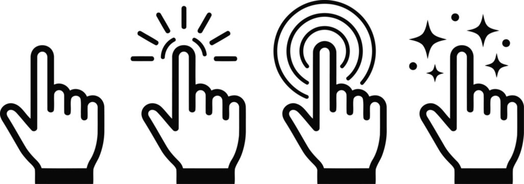 Hand click gesture icons representing touch screen interaction and digital user interface