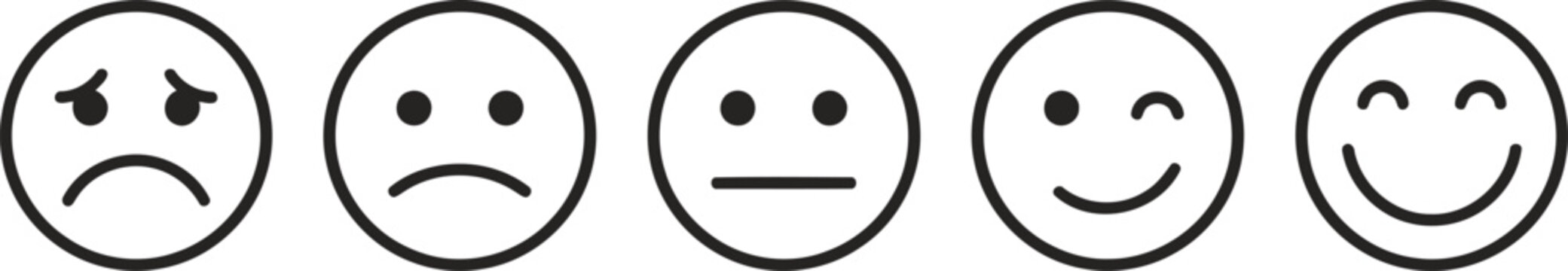 Five emotion rating scale faces representing user feedback with feedback, satisfaction