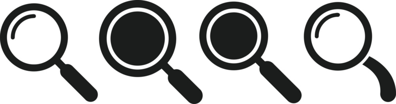 Set of magnifying glass search icons for data discovery and navigation with magnifying