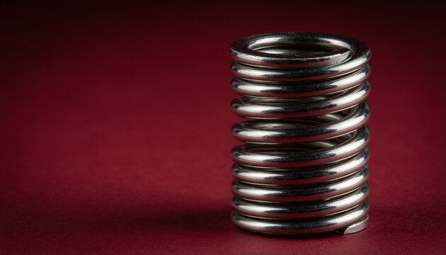 Metal coil spring steel spiral mechanical component standing vertically against red background, industrial hardware close-up studio shot