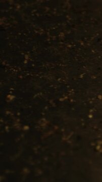 Vertical Horror concept: Detailed macro dolly of a rusty and filthy saw with sand on the metal blade