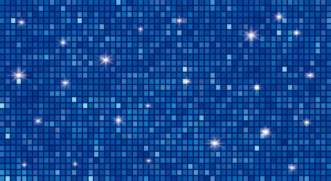 Disco dance floor background with shining lights and blue tiles. A classic disco dance floor or shimmering party sequins.