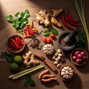 Fresh Asian Spices Arranged on Wooden Surface for Cooking