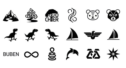 Obraz premium Vector Icons Set: Animals, Nature, Transport, Symbols, Mountains, Dinosaurs