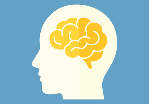 Silueta de perfil de cabeza humana con un cerebro amarillo en el centro sobre fondo azul