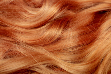 Naklejka premium Red hair close-up as a background. Women's long orange hair. Beautifully styled wavy shiny curls. Hair coloring bright shades. Hairdressing procedures, extension.
