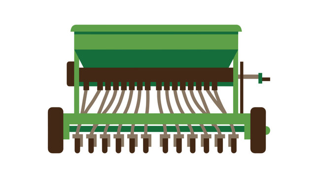 Green agricultural seeder machine for planting seeds.