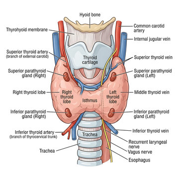 Anatomical diagram of the human thyroid gland and larynx with labeled parts, parathyroid
