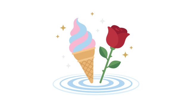 Soft Serve Ice Cream and Red Rose Vector Illustration