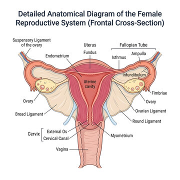 Frontal anatomical cross-section diagram of the female reproductive system with human body
