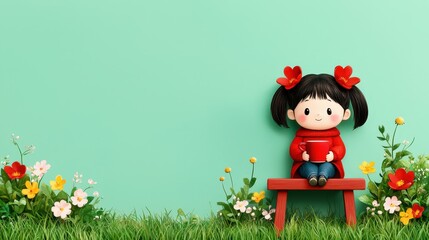 Naklejka premium Cute cartoon girl with pigtails and heart hair clips sitting on a bench among colorful flowers in spring setting