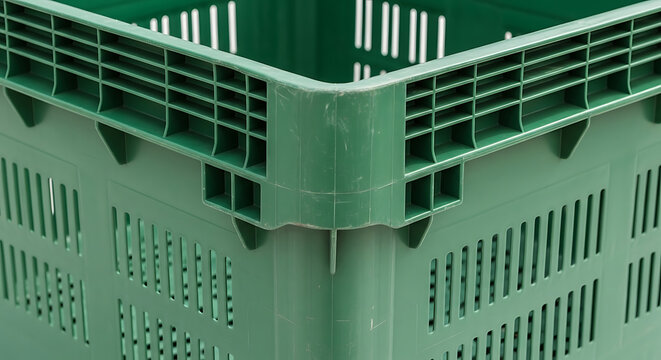 Close up of a green plastic crate isolated on a white background