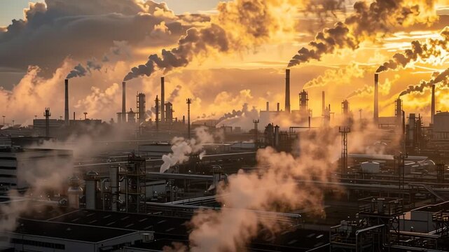 Industrial factory skyline with massive smoking stacks at sunset illustrating energy production and atmospheric pollution scene